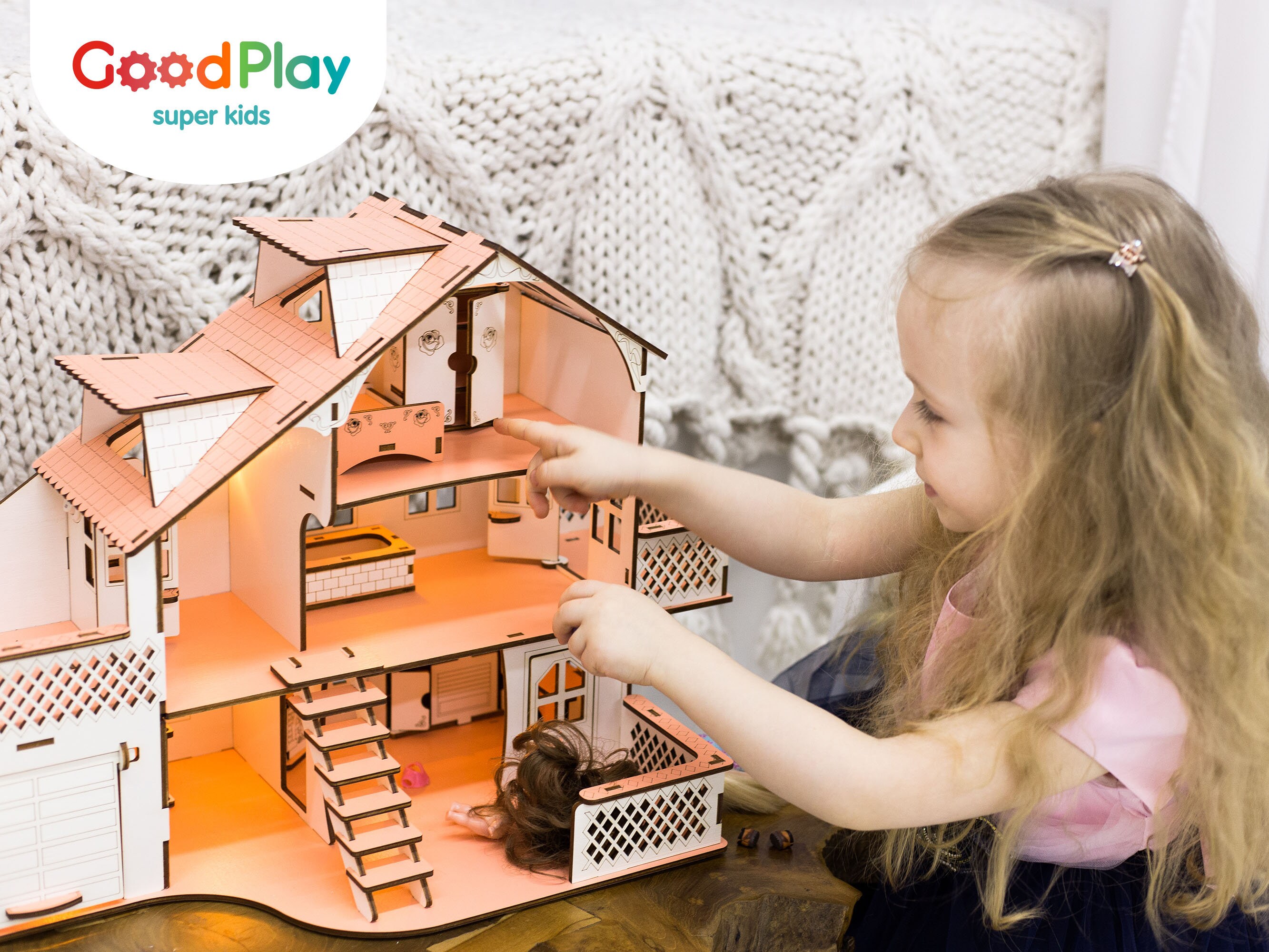 Dollhouse Baby girl Doll house with a garage and LED Etsy