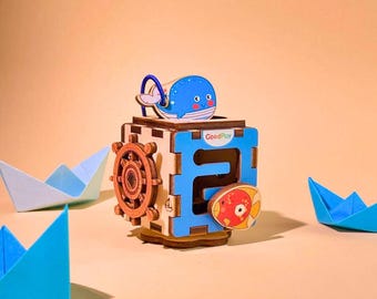 Ocean Sensory Busy Cube: Wooden Montessori Whale Toy for Fine Motor Skills - GoodPlay