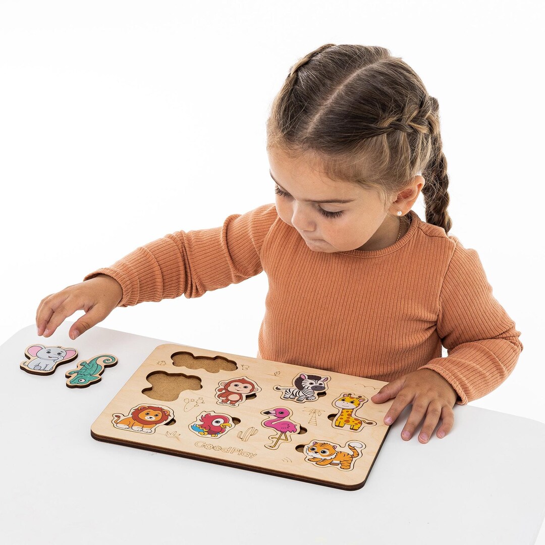 Montessori Safari Animals Puzzle Board – Wooden Sensory Toy With Zebra ...