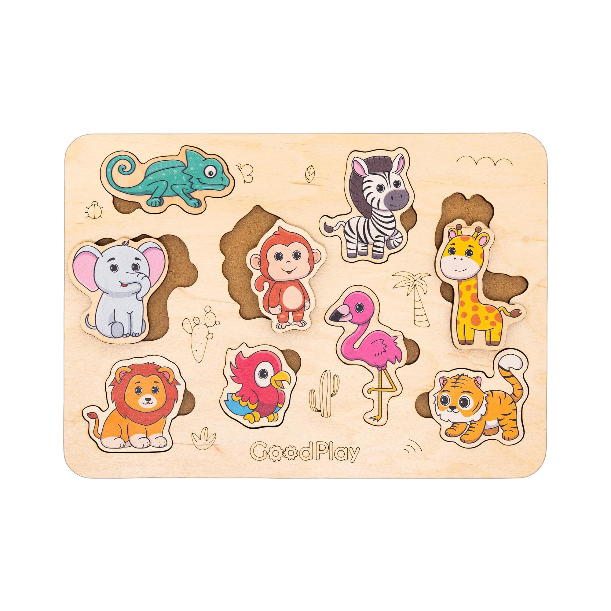 Montessori Safari Animals Puzzle Board – Wooden Sensory Toy With Zebra ...