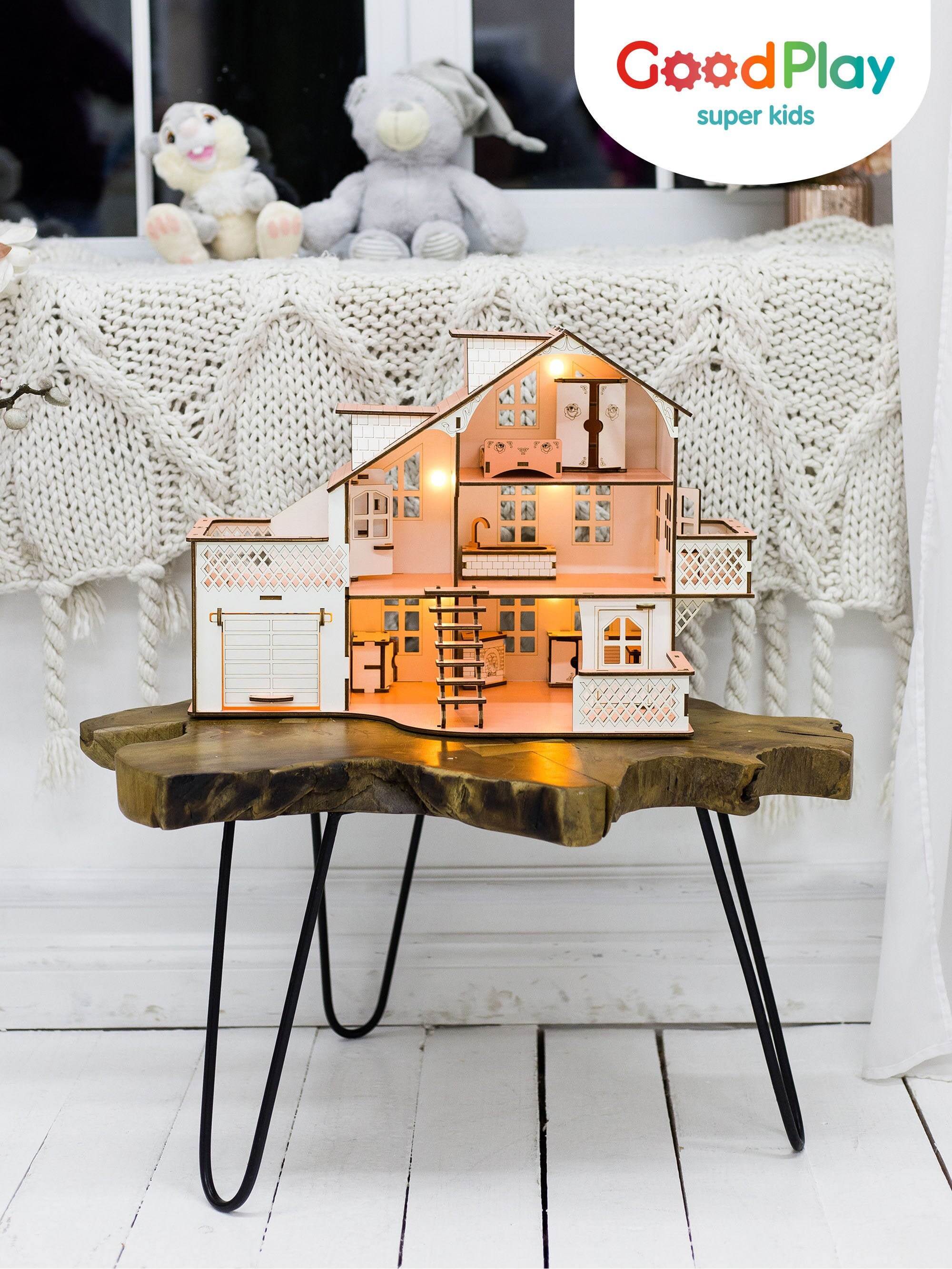 DOLLHOUSE with LED lighting, garage for Baby girl | Scale 1:24 | Pink toddler wooden toy | Doll house kit with furniture | GoodPlay