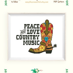 Motif de point de croix de musique country. Botte de cow-boy à coutures croisées. Carte de l'État du Texas. Téléchargement instantané PDF #600