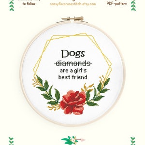 Funny dog quote cross stitch pattern. Dog mom saying in a red floral frame. Instant download PDF #324