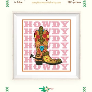 Howdy cross stitch pattern. Retro cowboy boot xstitch. State Texas chart. Instant download PDF #597-1