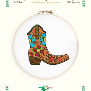Cowboy boot cross stitch pattern. Rustic chart. Instant download PDF #541