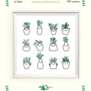 Patrón de punto de cruz de plantas kawaii. Lindo gráfico de planta de interior en maceta. Cactus en punto de cruz. Descarga instantánea en PDF #401