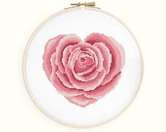 Pink rose cross stitch pattern. Valentine's day chart. Cute heart shaped rose. Instant download PDF #563