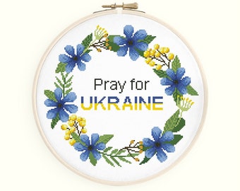 Pray for Ukraine cross stitch pattern. Blue and yellow Ukrainian flag. Instant download PDF #633