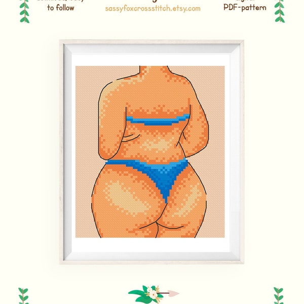 Body positive cross stitch pattern for self-love. Curvy beauty chart. Woman in bikini. Instant download PDF #131