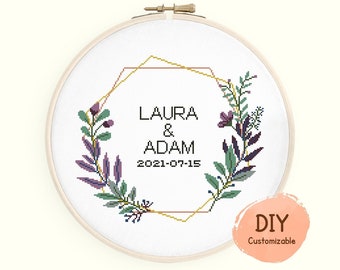 Wedding cross stitch pattern, Easy DIY floral wedding record chart, Customizable anniversary announcement, Instant download PDF #003