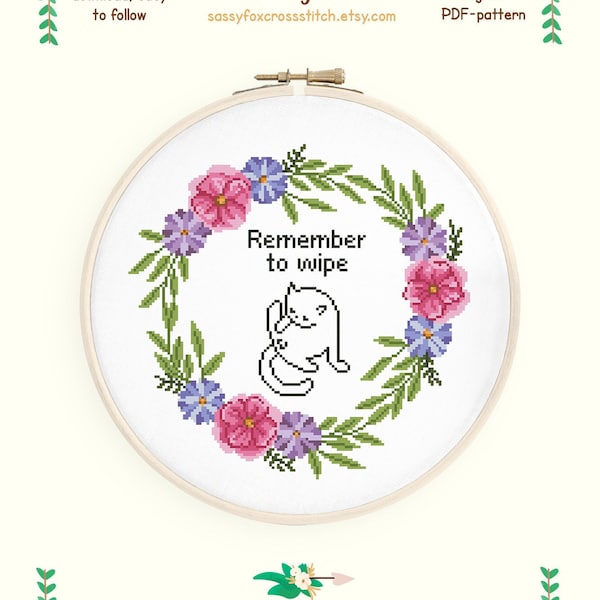 Remember to wipe cross stitch pattern, Funny bathroom quote in a floral wreath, Instant download PDF #115