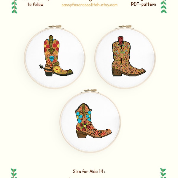 Cowboy boots cross stitch pattern. Bundle of 3 Texas charts. Instant download PDF #181