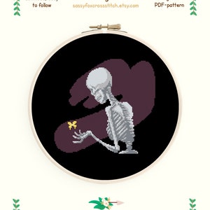 Skeleton cross stitch pattern. A symbol of life&#39;s beauty and fragility gothic chart.  Instant download PDF #416