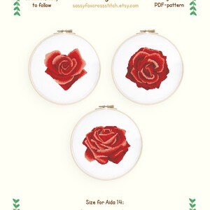 Rote Rose Kreuzstichmuster. Strauß aus 3 einzelnen roten Rosen. Valentinstag Karte. Sofort-Download PDF #596