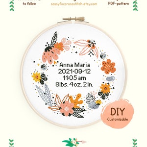 Novo padrão de ponto cruz para bebê, gráfico de anúncio de nascimento boho fácil DIY, amostrador de nascimento personalizável, download instantâneo PDF #064