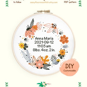 New baby cross stitch pattern, Easy DIY boho birth announcement chart, Customizable birth sampler, Instant download PDF #064