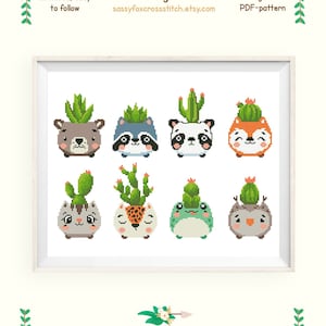 Puede incluir: Patrón de punto de cruz con seis adorables personajes de animales con cactus en la cabeza. El patrón está diseñado para tela Aida 14 y utiliza 20 colores de la paleta DMC. El patrón mide 12,2 pulgadas por 8,5 pulgadas (31,0 cm por 21,6 cm) e incluye 171 puntos por 119 puntos.