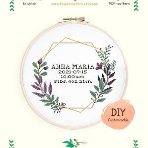Patrón de punto de cruz para anuncio de nacimiento, Cuadro de registro de nacimiento floral fácil de hacer, Muestra de nacimiento personalizable, Descarga instantánea en PDF #006