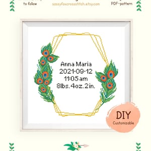 New baby cross stitch pattern, Easy DIY peacock birth announcement chart, Customizable birth sampler, Instant download PDF #135