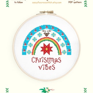 Kerstkruissteekpatroon. Winter regenboog kruissteek. Feestdagenkaart december. Directe download pdf #158