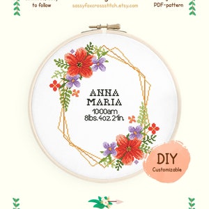 Padrão de ponto cruz para anúncio de nascimento, gráfico de registro de nascimento floral DIY fácil, amostrador de nascimento personalizável, download instantâneo PDF #015