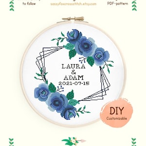 花の結婚発表クロスステッチパターン、簡単な DIY ウェディングサンプラー、カスタマイズ可能な記念日チャート、即時ダウンロード PDF #066