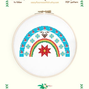 Regenboogkruissteekpatroon december. Kerst kruissteek. Winterseizoenkaart. Directe download pdf # 146