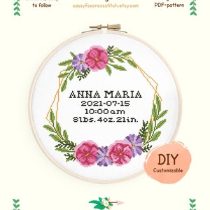 Padrão de ponto cruz para anúncio de nascimento, gráfico de registro de nascimento floral DIY fácil, amostrador de nascimento personalizável, download instantâneo PDF #035