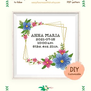 Padrão de ponto cruz com amostra de nascimento floral, gráfico de anúncio de nascimento fácil DIY, registro de nascimento personalizável, download instantâneo PDF #058