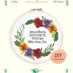 Novo padrão de ponto cruz para bebês, gráfico de anúncio de nascimento floral fácil DIY, amostrador de nascimento personalizável, download instantâneo PDF #126