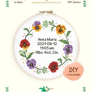 Novo padrão de ponto cruz para bebê, gráfico de anúncio de nascimento floral fácil DIY, amostrador de nascimento personalizável, download instantâneo PDF #127