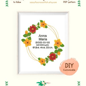 Novo padrão de ponto cruz para bebê, gráfico de anúncio de nascimento floral fácil DIY, amostrador de nascimento personalizável, download instantâneo PDF #062