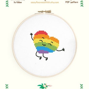 LGBT heart cross stitch pattern. Kawaii rainbow heart chart. Instant download PDF #637