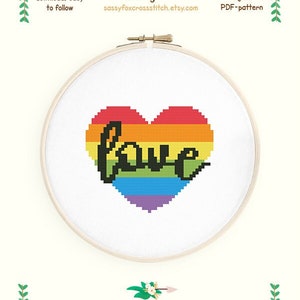 Rainbow LGBT love cross stitch pattern. Small kawaii heart chart. Instant download PDF #605