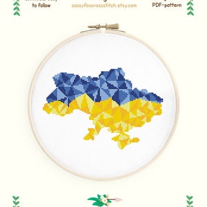 Motif géométrique de point de croix ukrainien. Carte polygonale bleue et jaune. Téléchargement instantané PDF #654
