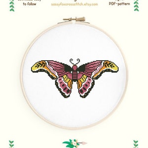 Motif papillon bohème au point de croix. Carte des papillons de nuit mystique fantaisiste. Joli petit insecte céleste. Téléchargement instantané PDF #809