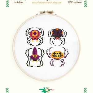 Halloween spider cross stitch pattern. Cute spooky spiders chart. Fall season xstitch. Instant download PDF #192