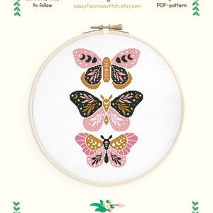 Motif de point de croix papillons bohèmes. Carte papillon mystique. Point fantaisie fantaisie. Téléchargement instantané PDF n° 389