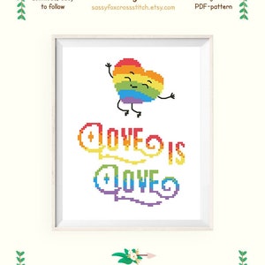 Love is love cross stitch pattern. Kawaii LGBT rainbow heart chart. Instant download PDF #380