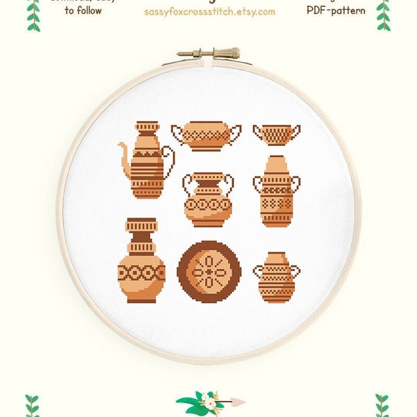 Greek ceramics cross stitch pattern. Antique pottery chart. Instant download PDF #392
