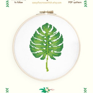 Padrão de ponto cruz Monstera deliciosa. Gráfico botânico. Ponto de folha tropical. Download instantâneo do PDF #671