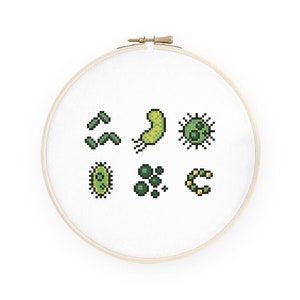 Peut inclure: Un cerceau de broderie blanc avec des images pixelisées vertes et jaunes de différents types de bactéries. Les bactéries sont disposées en grille.