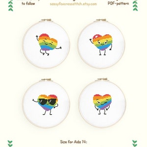 LGBT heart cross stitch pattern. Bundle of 4 rainbow kawaii hearts. Instant download PDF #548