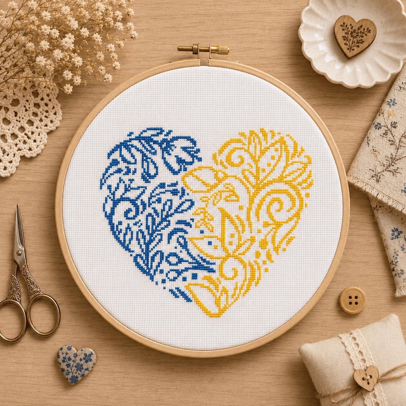 Ukrainian flag heart cross stitch color pattern — ornate floral heart in blue and yellow Ukraine flag colors with scroll and leaf motifs, printable PDF color pattern for Ukraine support cross stitch pattern instant download