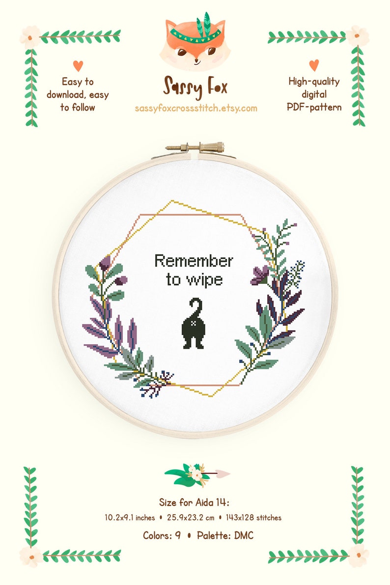 Remember to wipe cross stitch pattern, Funny bathroom quote xstitch, Instant download PDF #045 