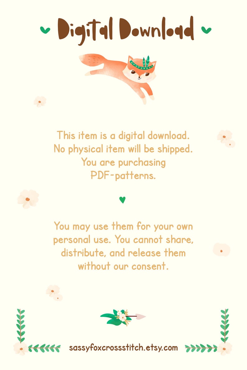 May include: A digital download graphic featuring a cartoon fox with a headdress. The text says "Digital Download" and "sassyfoxcrossstitch.etsy.com". The image is for PDF patterns.