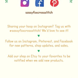 May include: Cream-coloured graphic with the words "Social Media" and social media icons for Instagram, Facebook, and Pinterest. The text encourages users to share their work and follow the shop on social media and Etsy.