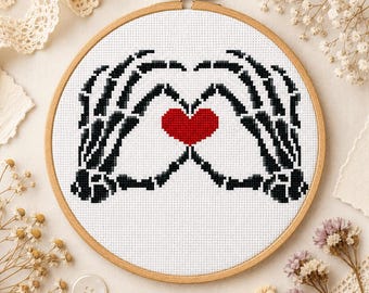 Skeleton Heart Hands Cross Stitch Pattern | Gothic Valentine Halloween | Dark Romantic PDF Instant Download