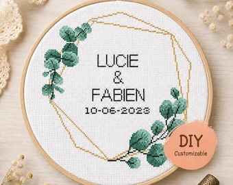 Eucalyptus Wedding Cross Stitch Pattern | Customizable Names & Date | PDF Instant Download