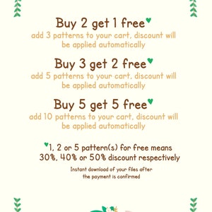 May include: An advertisement for cross-stitch patterns featuring a cartoon fox and text offering discounts. The text reads "Buy 2 get 1 free," "Buy 3 get 2 free," and "Buy 5 get 5 free." The Etsy shop's address is sassyfoxcrossstitch.etsy.com.